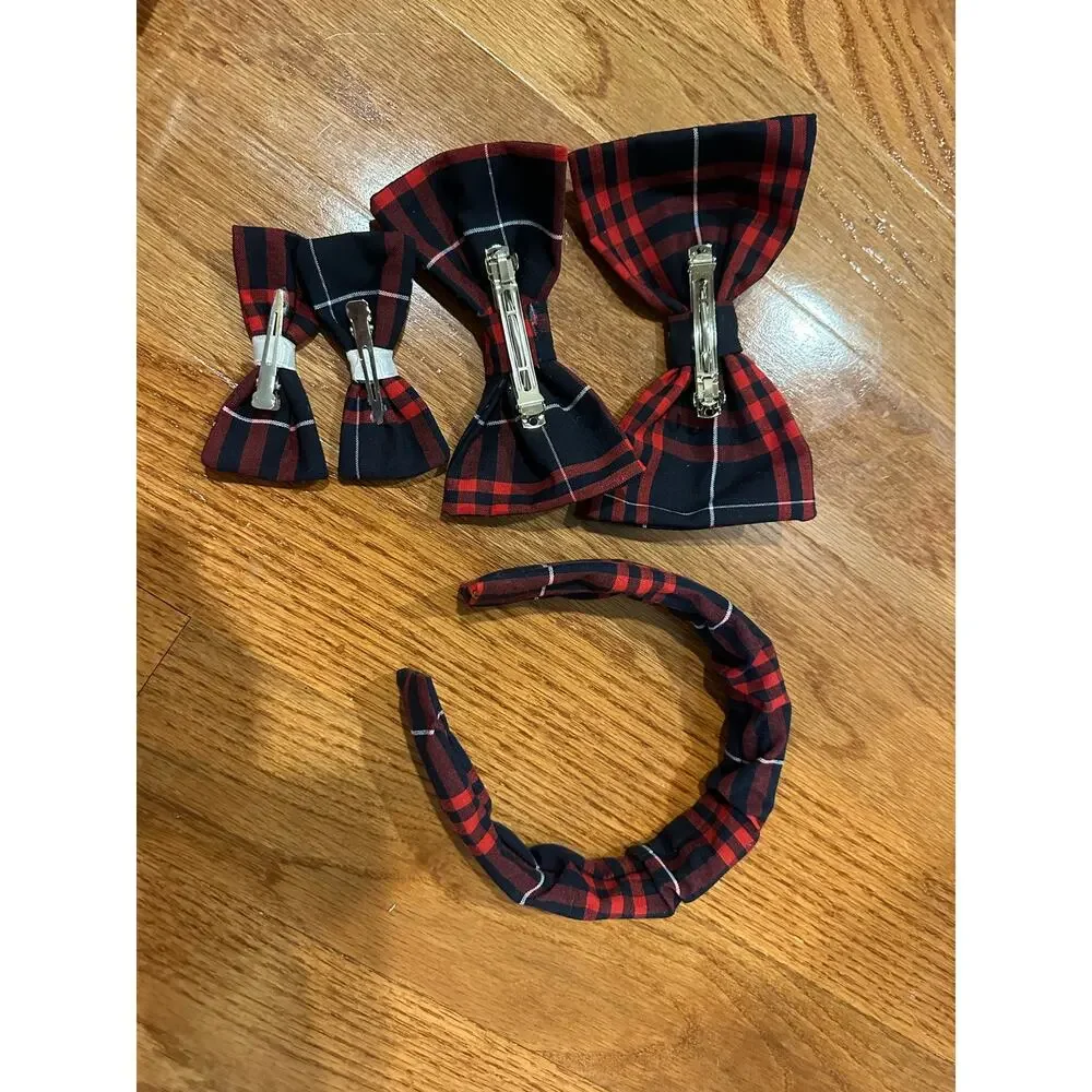 Girls School Uniform Bow and headband set  Lands End Large Plaid Handmade